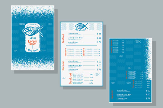 Fish, seafood menu template, ocean sea fish restaurant card background front and back sheet design	