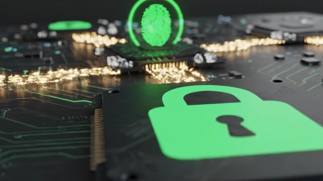 Digital fingerprint recognition technology displayed on a circuit board with glowing connections, showcasing security features and data protection elements in a modern tech environment