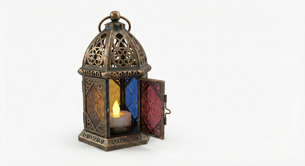 Ornate Moroccan Lantern with Glowing LED Candle Isolated on White