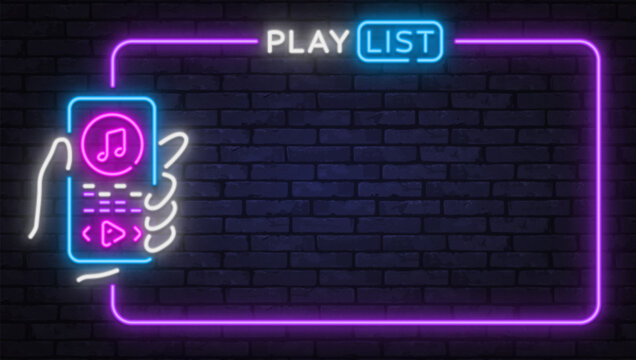 Neon vector illustration featuring the text Play List with music player elements. Great for streaming apps, audio platforms, and creative UI design.