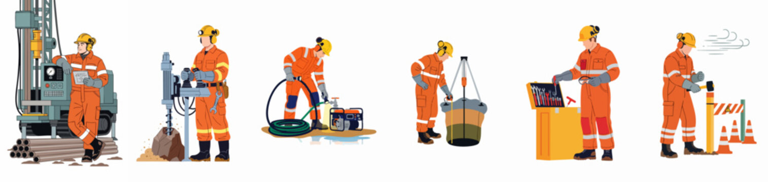 Industrial professionals performing various construction, drilling, surveying, and maintenance tasks, emphasizing safety and operational efficiency.