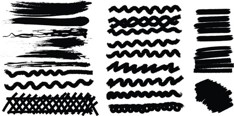 Hand-Drawn Black Brush Strokes, Wavy Lines, and Grunge Textures for Creative Graphic Design Projects