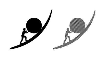 Person pushing large boulder uphill, symbolizing struggle and perseverance. © MDTUHIN