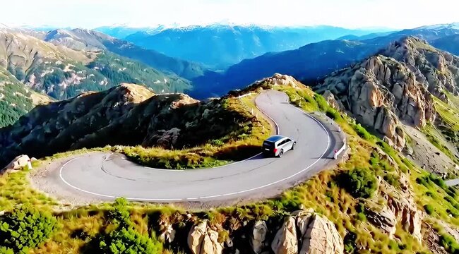 Aerial view of a dark SUV navigating a winding mountain road with a sharp hairpin turn, surrounded by lush green landscapes and distant snow-capped peaks under a clear sky.