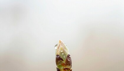 A close-up of a budding plant with a water droplet on its tip.