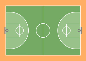 Top down view of a simplified basketball court with clear markings and boundary lines