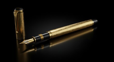 Luxury gold fountain pen with cap on reflective dark surface writing instrument