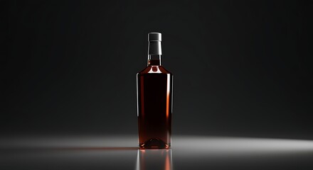 A bottle of brown liquor or wine with silver cap on reflective surface  Drinks