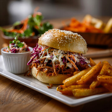 barbeque (BBQ) pulled pork in a seaded bun with slaw and French Fries