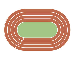 Top down view of a standard athletic running track with multiple lanes and a green infield