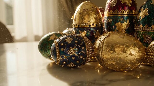 A video showcasing a collection of intricately designed Faberg&eacute; eggs on a table
