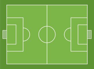 Top down view of a clean, minimalist soccer field with white markings and goal nets