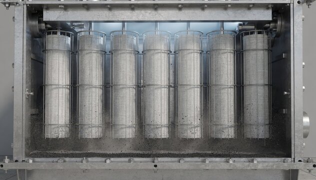 Medium shot of pulsejet bag filter internals showing clean fabric bags and cages efficiently filtering fine carbon black dust in an industrial setting.