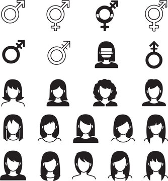A black and white vector collection of minimalist gender symbols and female avatars with various hairstyles, representing diverse identities and social profile options.