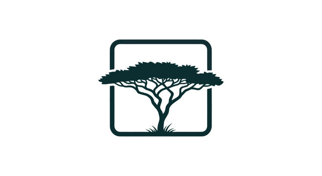 Silhouette Acacia Tree Inside Square Frame, Minimalist Logo Design