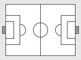 Simple black and white illustration of a soccer field with goals and center circle