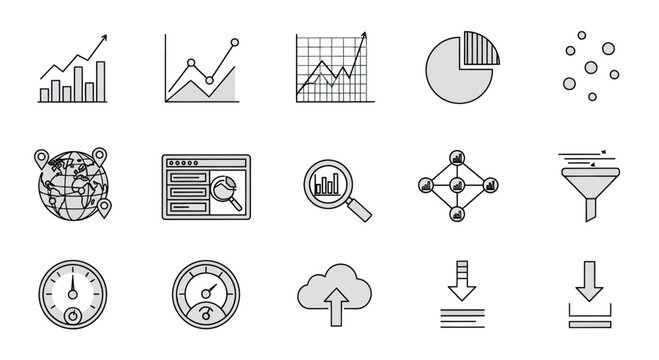 Data Analytics Icons Set: Charts, Graphs, Globe, Magnifier, Cloud, Funnel