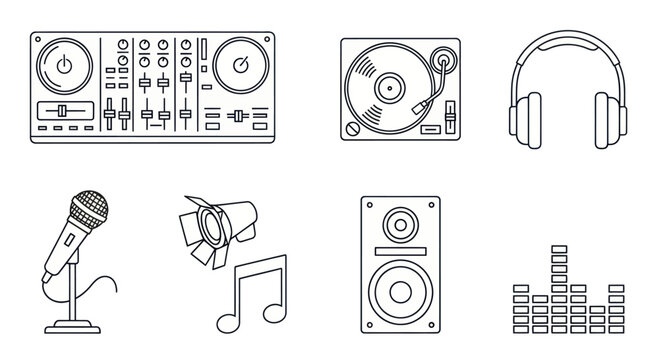 DJ Equipment and Music Icons Set: Turntable, Mixer, Headphones, Speaker, Mic