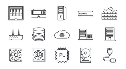 Computer Hardware Icons Set: Servers, Cloud, CPU, Hard Drive, Router, Firewall © gintan