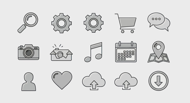 Collection of flat design icons for web and mobile applications, gray.