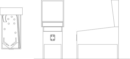 Arcade game machine icons featuring pinball table floor plans, front elevations, and side views for entertainment room design. © Riki