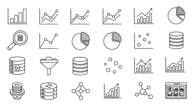 Data Analysis Icons Set: Charts, Graphs, Pie Charts, Database, Network, Magnifying Glass