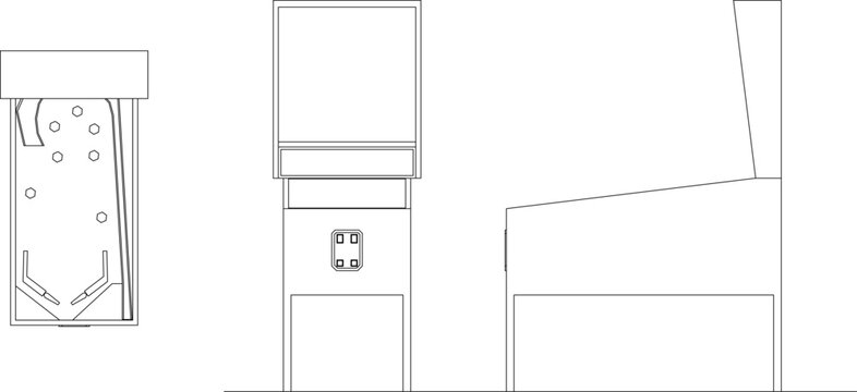 Arcade game machine icons featuring pinball table floor plans, front elevations, and side views for entertainment room design.