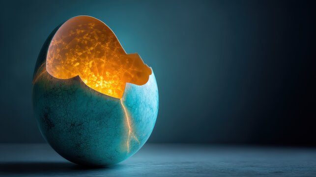 Glowing egg with teal crack showing warm amber tea inside
