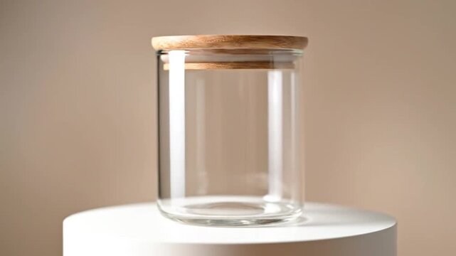 Minimalist Glass Jar: A pristine, clear glass jar, crowned with a natural wooden lid, sits elegantly. This image embodies purity and simplicity.