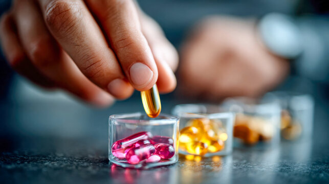 Hands sorting colorful pills into a weekly pill organizer on kitchen counter, daily medication routine and healthcare concept