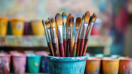 Fototapeta premium Colorful Paintbrushes in Blue Ceramic Pot, Artistic Supplies for Painting, Illustration, and Creative Projects, Studio Workspace.