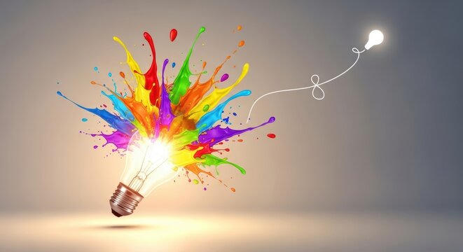 Creative idea generation with colorful paint splashes and glowing light bulbs symbolizing imagination and innovation explosion.