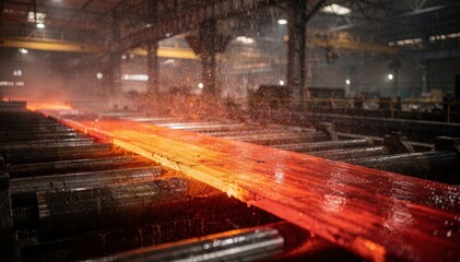 Obraz premium Glowing steel strip stretches across a runout table under a heavy cooling spray the focused strip highlighted against a hazy industrial backdrop shrouded in mist.