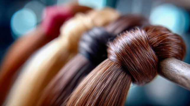 Set of natural hair ponytail extensions in different colors on textured surface, beauty salon concept