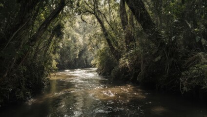 Obraz premium A sun-dappled river flows through a lush, arched canopy of trees