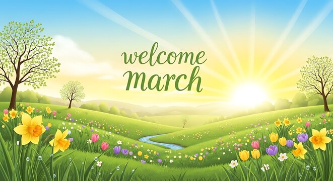 Welcome March spring meadow with blooming daffodils and sunrise landscape