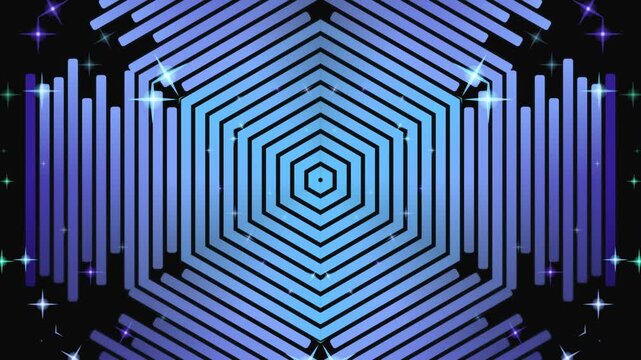 Blue glowing neon hexagon pattern on black background with stars.