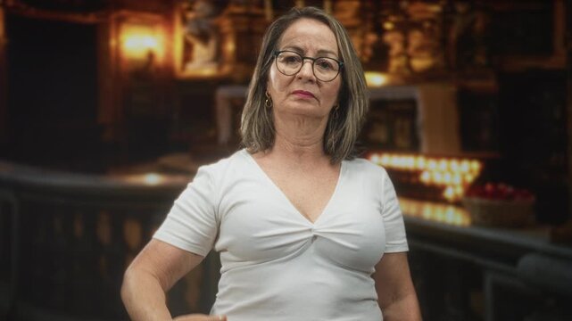 Hispanic woman salutes with right hand showing bare forearm in an ornate building; pride dignity respect.