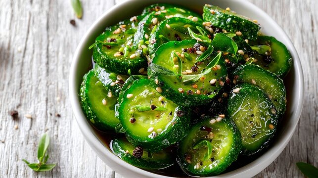 In a bowl, pickles are arranged with a green spear in the middle