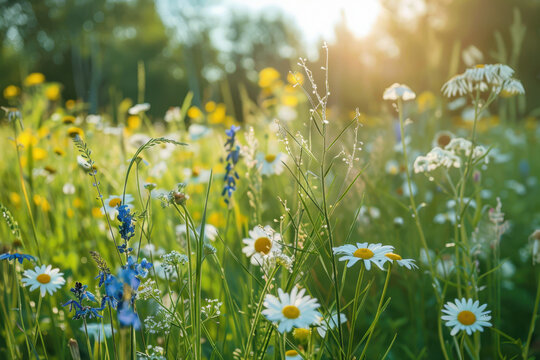Fleurs sauvages poussant naturellement dans une prairie, flore indig&egrave;ne et biodiversit&eacute; v&eacute;g&eacute;tale