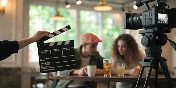 Professional video camera and clapperboard on movie set with actors sitting at cafe table in blurred background