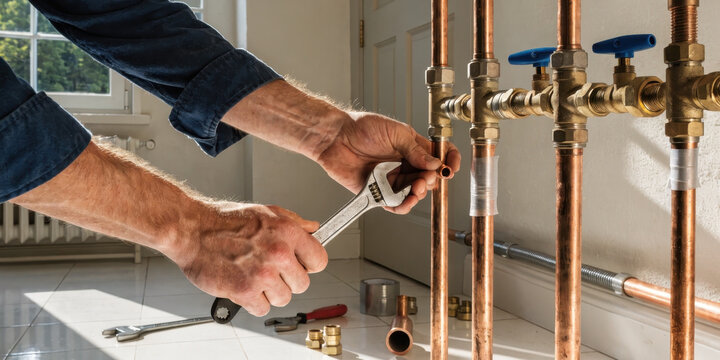 Professional plumber hands holding adjustable wrench fixing copper heating pipes and valves inside bright residential home interior