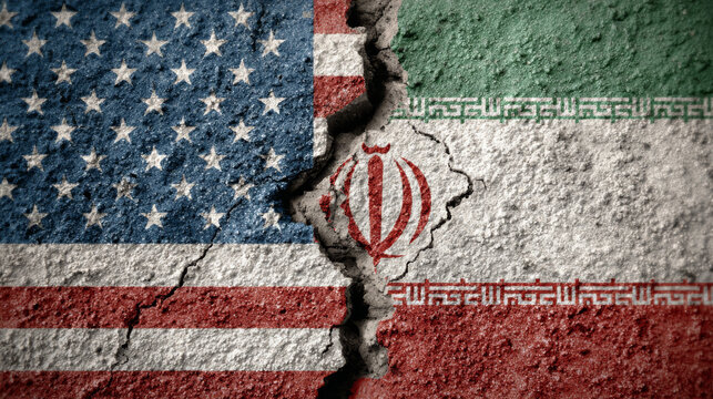 USA and Iranian flags painted on cracked concrete wall with deep fracture between them