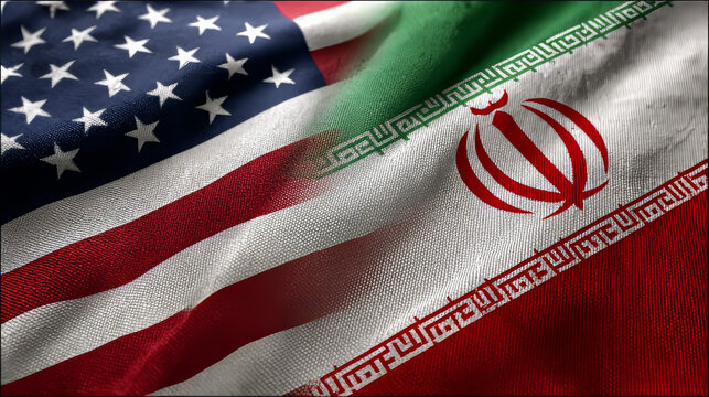 American and Iranian flags draped side by side in close-up fabric texture for diplomacy concept