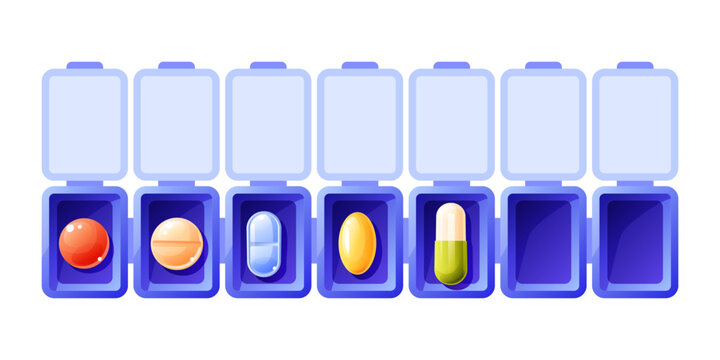 A weekly pillbox for pills, medicines in an open form, with tablets inside. Plastic box, organizer for distributing tablets, top view.