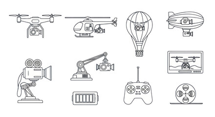 Fototapeta premium Aerial Surveillance and Cinematography Vector Icons - Drone, Helicopter, Blimp, Camera