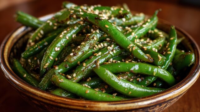 Vibrant green beans are lightly sauteed and tossed with sesame seeds, presented in an elegant bowl. This healthy dish captivates the eye and appetite, perfect for any meal.