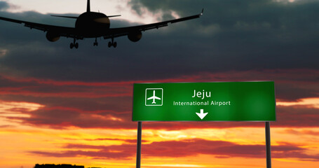 Plane landing in Jeju South Korea airport with signboard