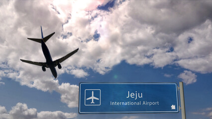 Plane landing in Jeju South Korea airport with signboard