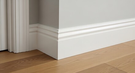 Fototapeta premium Close up of white baseboard molding corner on light wood floor. Clean home renovation and interior design detail.